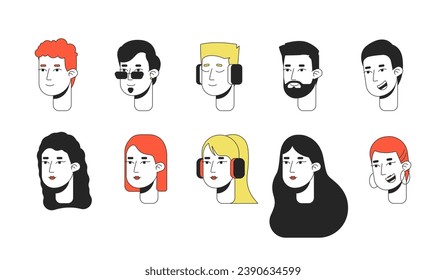 Caucasian millennial 2D linear cartoon character faces set. Young adult women, men isolated line vector heads people white background. Society european color flat spot illustration collection