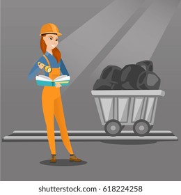 Caucasian miner checking documents with the flashlight on the background of trolley with coal. Mine worker in hard hat. Female miner in the coal mine. Vector flat design illustration. Square layout.