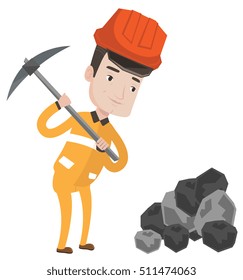 Caucasian miner in hard hat working with a pickaxe. Miner working at the coal mine. Young miner at work. Vector flat design illustration isolated on white background.