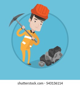 Caucasian miner in hard hat working with a pickaxe. Miner working at the coal mine. Young miner at work. Vector flat design illustration in the circle isolated on background.
