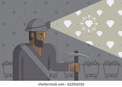 Caucasian miner at work - cartoon character. Stones in a ray of light. Vector flat design illustration. Horizontal layout.