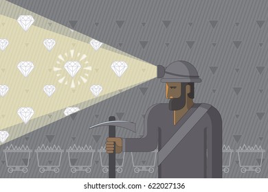 Caucasian miner at work. Stones, jewels in a ray of light. Vector flat design illustration. Horizontal layout.