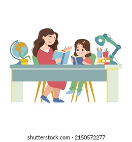 Caucasian mother teaches child indoors at home. Remote online distance education. Concept of home schooling and e-learning. Illustration in a flat style