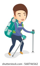 Caucasian mountaineer climbing a snowy ridge. Mountaineer climbing a mountain. Mountaineer with backpack walking up along a snowy ridge. Vector flat design illustration isolated on white background.