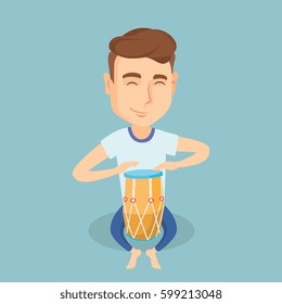 Caucasian mucisian playing ethnic drum. Young man with eyes closed playing ethnic drum. Man playing ethnic music on tom-tom. Vector flat design illustration. Square layout.