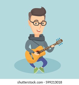 Caucasian musician playing an acoustic guitar. Friendly musician sitting with guitar in hands. Adult happy guitarist practicing in playing guitar. Vector flat design illustration. Square layout.