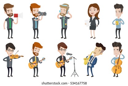 Caucasian musician playing guitar. Singer singing into a microphone and playing an acoustic guitar. Man performing with guitar. Set of vector flat design illustrations isolated on white background.