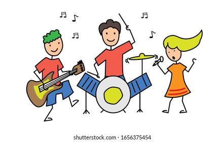 Caucasian musician playing on drums. Smiling young woman playing on drum kit. Happy woman sitting behind the drum kit. Vector cartoon illustration. Square layout.