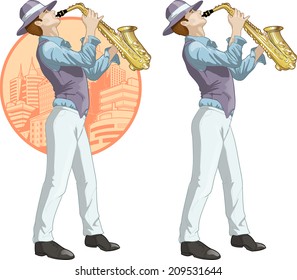 Caucasian musician retro styled cartoon character with colored lineart