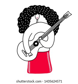 Caucasian musician sitting with the guitar in hands. Young woman playing the acoustic guitar. Smiling guitarist practicing in playing the guitar. Vector flat design illustration. Square layout.