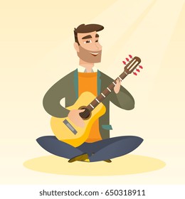 Caucasian musician sitting with the guitar in hands. Hipster man with beard playing the acoustic guitar. Guitarist practicing in playing the guitar. Vector flat design illustration. Square layout.