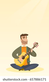 Caucasian musician sitting with the guitar in hands. Hipster man with beard playing the acoustic guitar. Guitarist practicing in playing the guitar. Vector flat design illustration. Vertical layout.