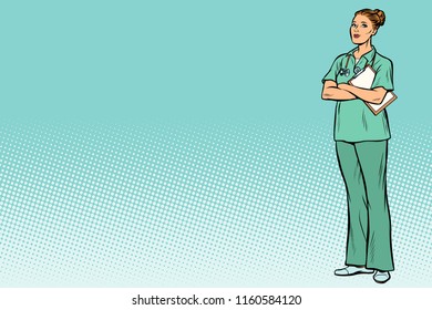 Caucasian nurse. Medicine and health. Pop art retro vector illustration vintage kitsch