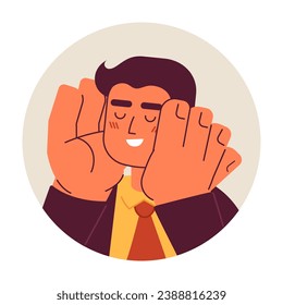 Caucasian office employee guy smiling hands on face 2D vector avatar illustration. Daydreaming vacation cartoon character face portrait. Love yourself flat color user profile image isolated on white