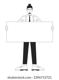 Caucasian office man standing with placard black and white 2D line cartoon character. Formalwear employee isolated vector outline person. Holding blank banner monochromatic flat spot illustration