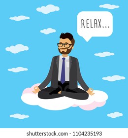 Caucasian Office worker or businessman relaxes and meditates in the lotus position on clouds, flat vector illustration