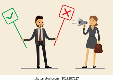 Caucasian office worker Chooses Between Yes And No and Female Boss with megaphone. Male Making Decision,flat vector illustration