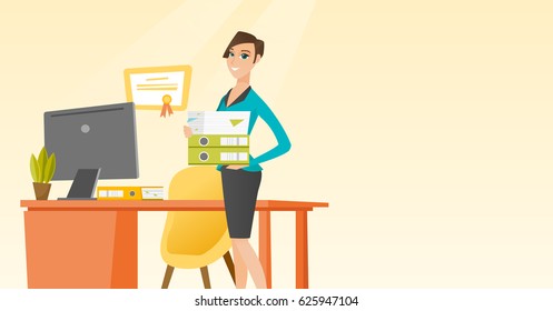 Caucasian office worker holding pile of folders in hands. Smiling office worker with documents. Full length of young joyful female office worker. Vector flat design illustration. Horizontal layout.