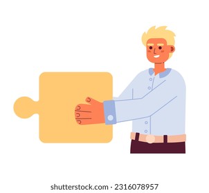 Caucasian office worker holding puzzle piece semi flat colorful vector character. Cooperation teamwork. Editable half body person on white. Simple cartoon spot illustration for web graphic design