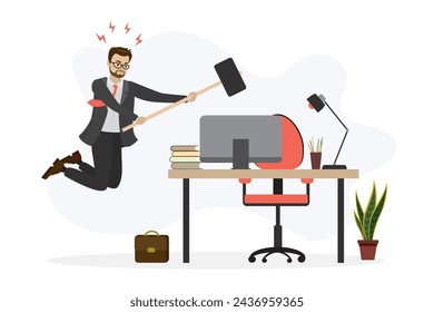 Caucasian office worker in jump to smash workplace using hammer. Burnout at work. Sad businessman. Business stress, deadline. Dissatisfaction with work. Corporate slavery. Vector illustration