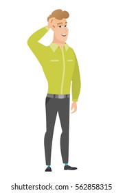 Caucasian office worker laughing. Office worker laughing with hands on his head. Office worker laughing with closed eyes and open mouth. Vector flat design illustration isolated on white background.