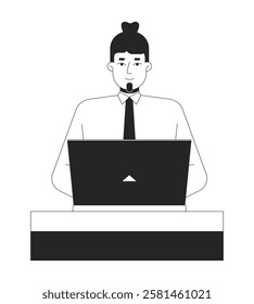 Caucasian office worker man typing laptop at desk black and white 2D line character. Bearded male tie employee working notebook isolated vector outline person. Monochromatic spot illustration