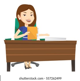 Trabajador de oficina caucásico trabajando con documentos. Trabajador de oficina sentado en la mesa con documentos. Trabajador de oficina inspeccionando documentos. Ilustración de diseño plana vectorial aislada en fondo blanco.