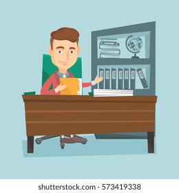 Caucasian office worker working with documents. Young office worker sitting at the table with documents. Smiling office worker inspecting documents. Vector flat design illustration. Square layout.