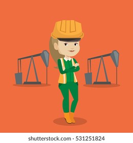 Caucasian oil worker in uniform and helmet. Cnfident oil worker standing with crossed arms. Female oil worker standing on the background of pump jack. Vector flat design illustration. Square layout.