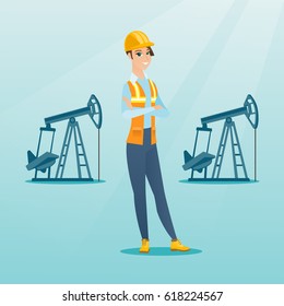 Caucasian oil worker in uniform and helmet. Cnfident oil worker standing with crossed arms. Female oil worker standing on the background of pump jack. Vector flat design illustration. Square layout.