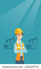 Caucasian oil worker in uniform and helmet. Cnfident oil worker standing with crossed arms. Female oil worker standing on the background of pump jack. Vector flat design illustration. Vertical layout.