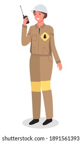 Caucasian oil worker woman in uniform and helmet. Oil worker standing, speaking on a walkie-talkie. Modern woman in the male profession vector flat design illustration isolated on white background