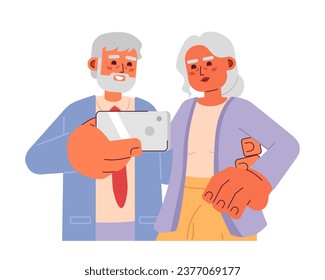 Caucasian old couple taking selfie 2D cartoon characters. Smiling senior male holding smartphone isolated vector people white background. Elderly lady posing for camera color flat spot illustration