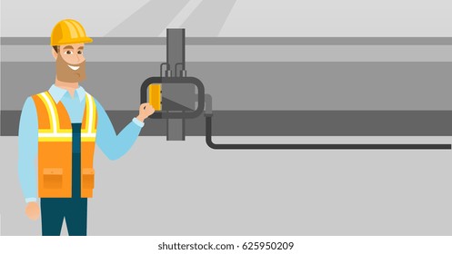 Caucasian operator of refinery plant checking detector on pipeline. Worker standing on the background of pipeline. Technician maintaining pipeline. Vector flat design illustration. Horizontal layout.