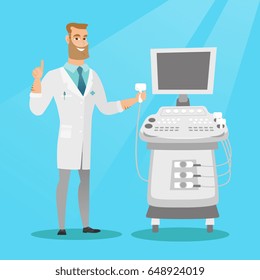 Caucasian operator of an ultrasound scanning machine analyzing the liver of patient. Young hipster doctor working on a modern ultrasound equipment. Vector flat design illustration. Square layout.