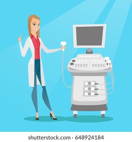 Caucasian operator of an ultrasound scanning machine analyzing the liver of patient. Young smiling doctor working on a modern ultrasound equipment. Vector flat design illustration. Square layout.