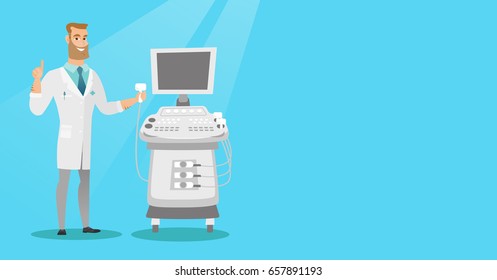 Caucasian operator of an ultrasound scanning machine analyzing the liver of patient. Young hipster doctor working on a modern ultrasound equipment. Vector flat design illustration. Horizontal layout.