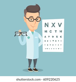 Caucasian ophthalmologist doctor giving glasses. Ophthalmologist holding eyeglasses on the background of eye chart. Ophthalmologist offering glasses. Vector flat design illustration. Square layout.