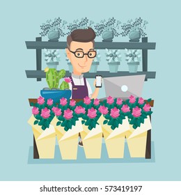 Caucasian owner of flower shop using phone and laptop to take order. Owner of flower shop standing behind the counter. Owner of flower shop at work. Vector flat design illustration. Square layout.