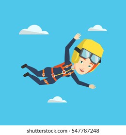 Caucasian parachutist jumping with parachute. Professional female parachutist falling through the air. Happy young woman flying with parachute in clouds. Vector flat design illustration. Square layout