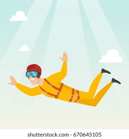 Caucasian parachutist jumping with a parachute. Professional parachutist falling through the air. Happy young man flying with a parachute in the sky. Vector flat design illustration. Square layout.