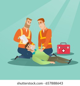 Caucasian paramedics doing cardiopulmonary resuscitation of a man. Team of young emergency doctors during process of resuscitation of an injured man. Vector flat design illustration. Square layout.