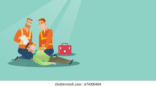 Caucasian paramedics doing cardiopulmonary resuscitation of a man. Team of young emergency doctors during process of resuscitation of an injured man. Vector flat design illustration. Horizontal layout