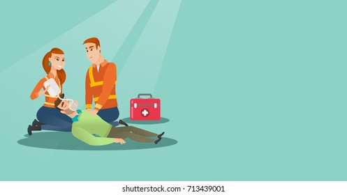 Caucasian paramedics doing cardiopulmonary resuscitation of a man. Team of young emergency doctors during process of resuscitation of an injured man. Vector flat design illustration. Horizontal layout