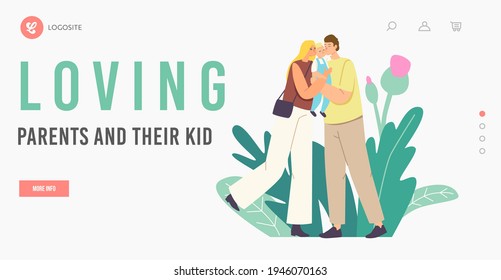 Caucasian Parents Kiss Baby Landing Page Template. Mother and Father Loving Happy Family Characters Holding Cute Toddler Child on Hands Hugging and Kissing, Love. Cartoon People Vector Illustration