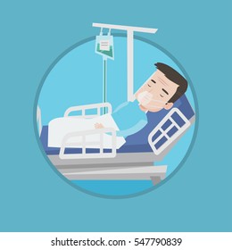 Caucasian patient during medical procedure in hospital. Patient lying in hospital bed with oxygen mask. Vector flat design illustration in the circle isolated on background.