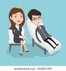 Caucasian patient lying on sofa and talking about problems with psychotherapist or psychologist. Psychologist having session with patient in depression. Vector flat design illustration. Square layout.