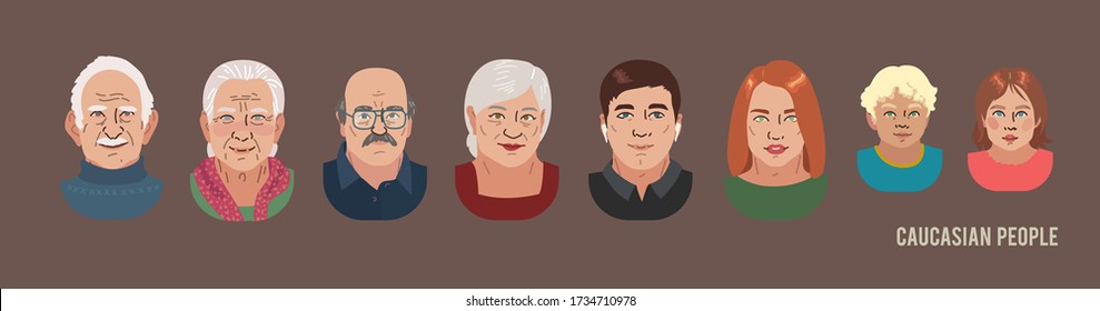 Caucasian People Head Avatar Set. Different Characters. Man Woman And Children Portrait Cartoon Illustration. Children Adult And Older People. White Skin Faces. Vector Illustration
