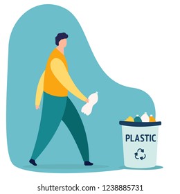 Caucasian person man throwing a plastic bottle waste in garbage bin. Isolated flat vector trash illustration on white background. Rubish recycling concept.