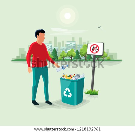 Caucasian person man throwing a plastic bottle waste in green garbage bin. No littering sign and urban city landscape park in the background. Flat vector trash illustration. Rubish recycling concept.